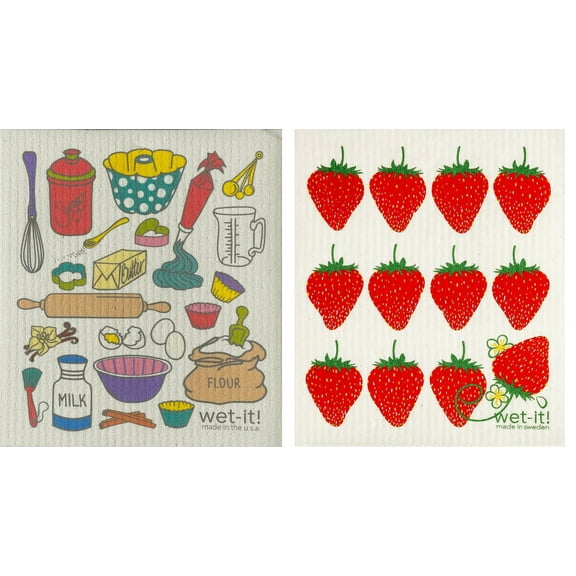 Wet-It! Swedish Treasures Dishcloth & Cleaning Cloth - Set of 2 - Baking Time & Strawberries (Paper Towel Replacement)