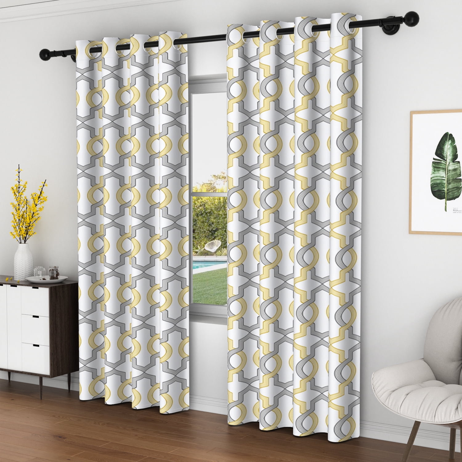 Lfeey Blackout Curtains for Bedroom, Plaid Yellow Gray Geometric Pattern Curtains with Top Grommets, 52"x84", 2 Panels