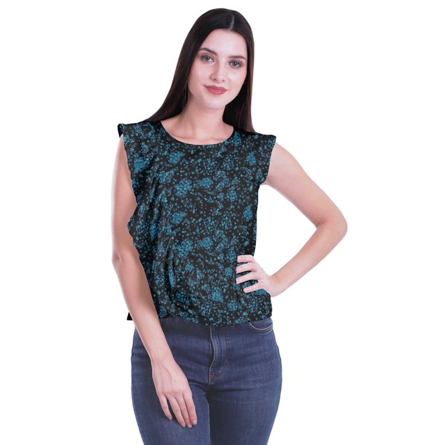 Moomaya Haut Sans Manches à Col Rond à Volants Imprimé Crop Top Décontracté Robes d'Été