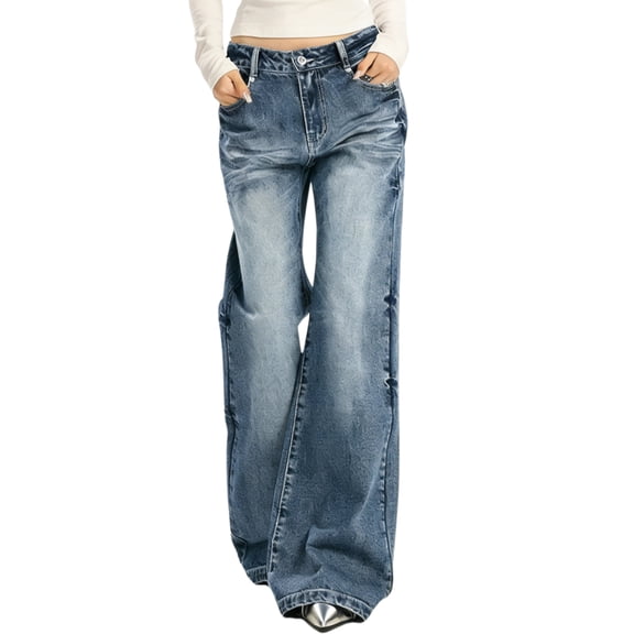 Women's Low Rise Wide Leg Flare Jeans Retro Loose Straight Baggy Floor-Length Denim Pants