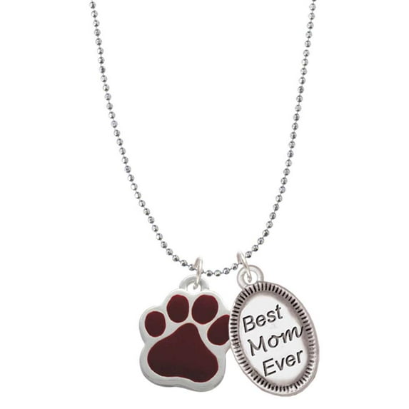 Delight Jewelry Silvertone Large Maroon Paw Best Mom Ever Charm Necklace