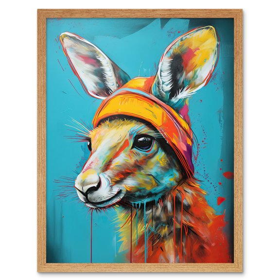 Baby Kangaroo Joey Wearing Hat Teal and Orange Art Print Framed Poster Wall Decor 12x16 inch