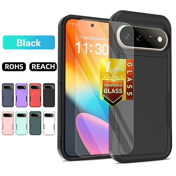 Kryonix for Google Pixel 11 Pro 6.3” Phone Case,with Tempered Glass Screen Protector,Dual Layer Shockproof Heavy Duty Military Grade Protective Case Hybrid Rugged Cover,Slim & Tough,Black