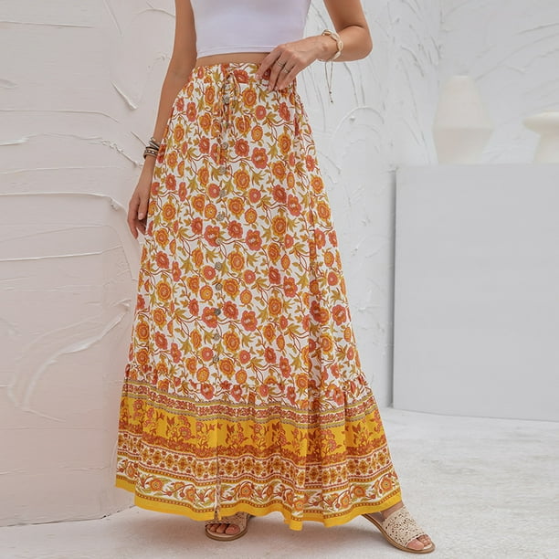 Women's Boho Vintage Print Pockets Side A Line Maxi Skirt - Walmart.com