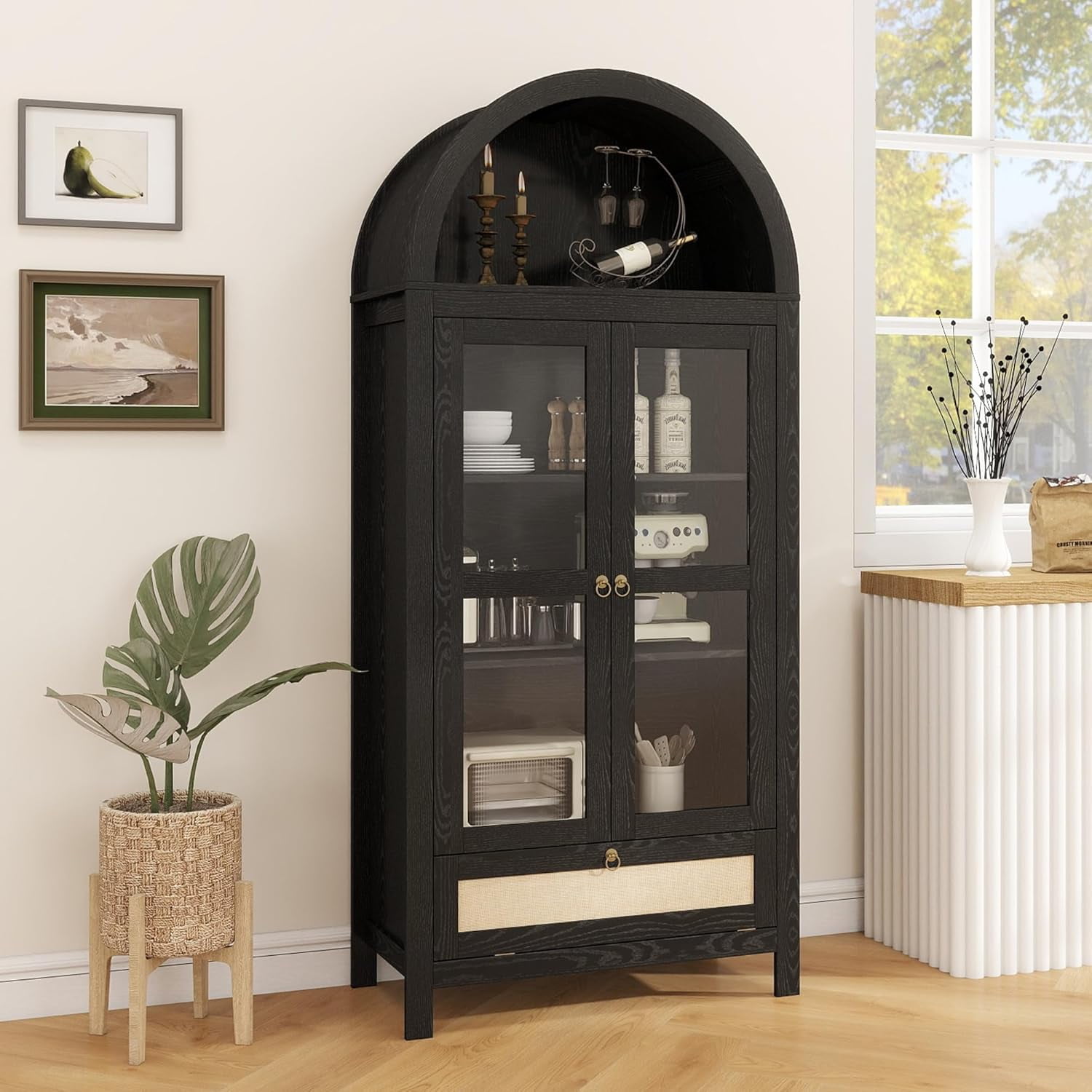 73" Tall Arched Pantry Cabinet with Innovative Drawer, Kitchen Cabinet with Anti-Tipping Device and Glass Door, Versatile Cupboard for Kitchen, Dining, Black