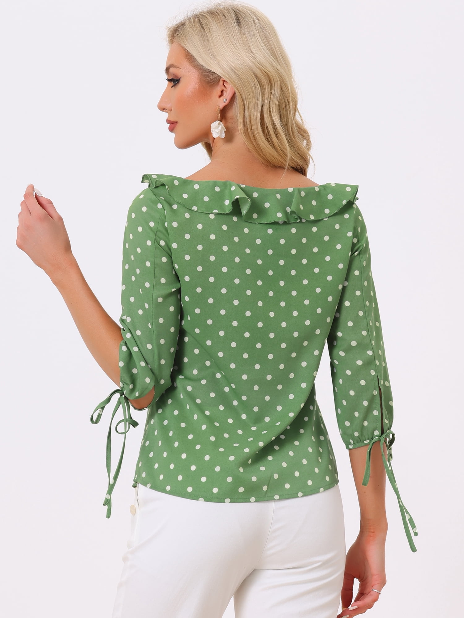 DARING DIVA Polka Dots Ruffled Neck 3/4 Sleeve Blouse Top M Dusty Green