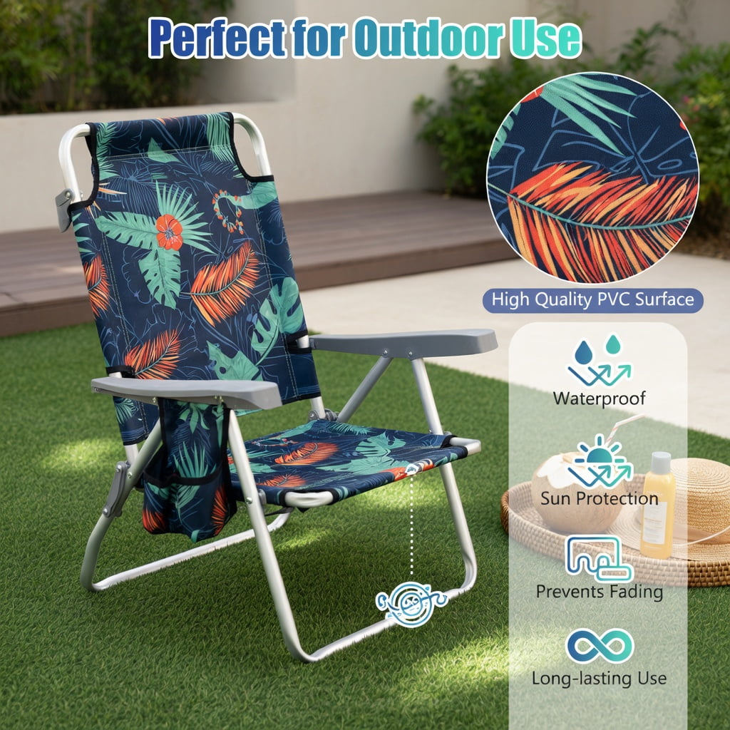 Hommoo 2-Pack Foldable Beach Chair with Adjustable Backrest, Head Pillow & Carry Bag, Multicolor