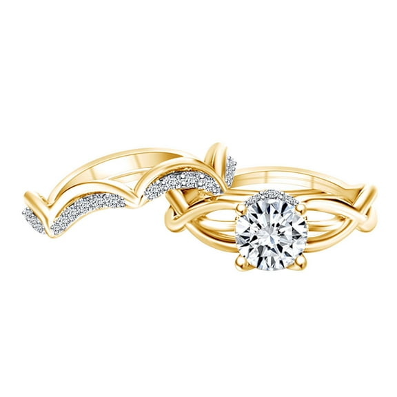 AFFY 1.74 Carat(Cttw) Round Moissanite & Natural Diamond Wedding Ring Set 14K Solid Yellow Gold Ring Size-5