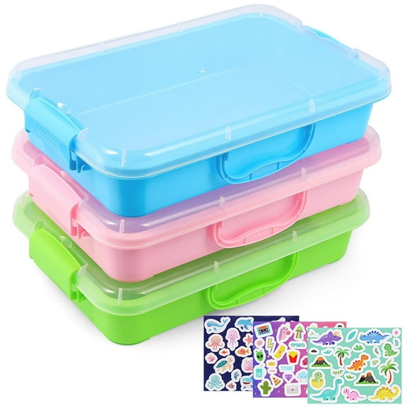 FIIOEOY 3 Pcs Sensory Bins Sand Tray with Lids & 3 Stickers, Stackable Plastic Storage Containers, Portable Sandbox Toy, Organizers for Toys, Sand, Arts, Crafts, (Blue, Green, Pink)
