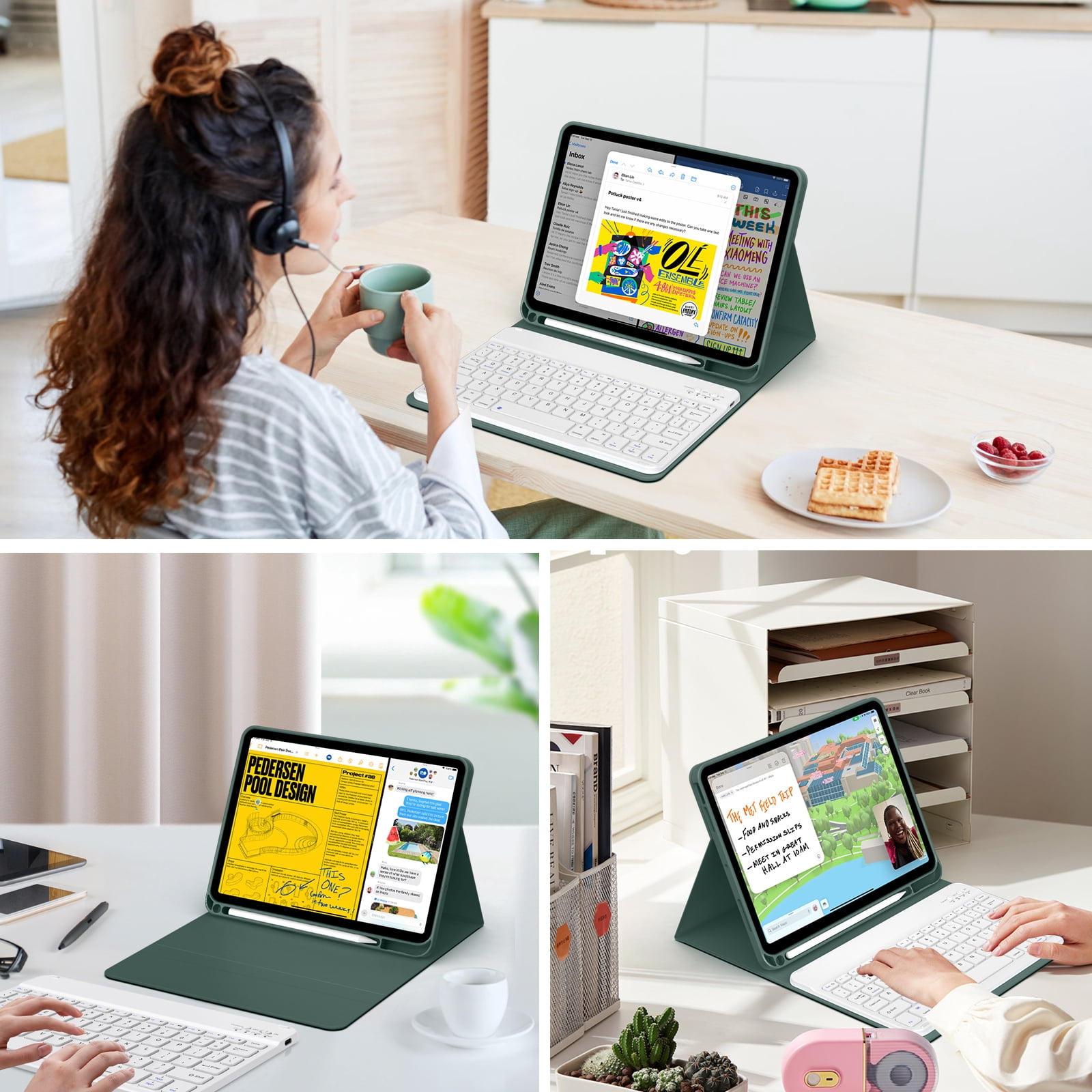 Aoub Keyboard Case for iPad (A16) 11th 10th Generation 2025 2022 with Pencil Holder, Detachable Wireless Bluetooth Rechargeable Keyboard Cover, Dark Green