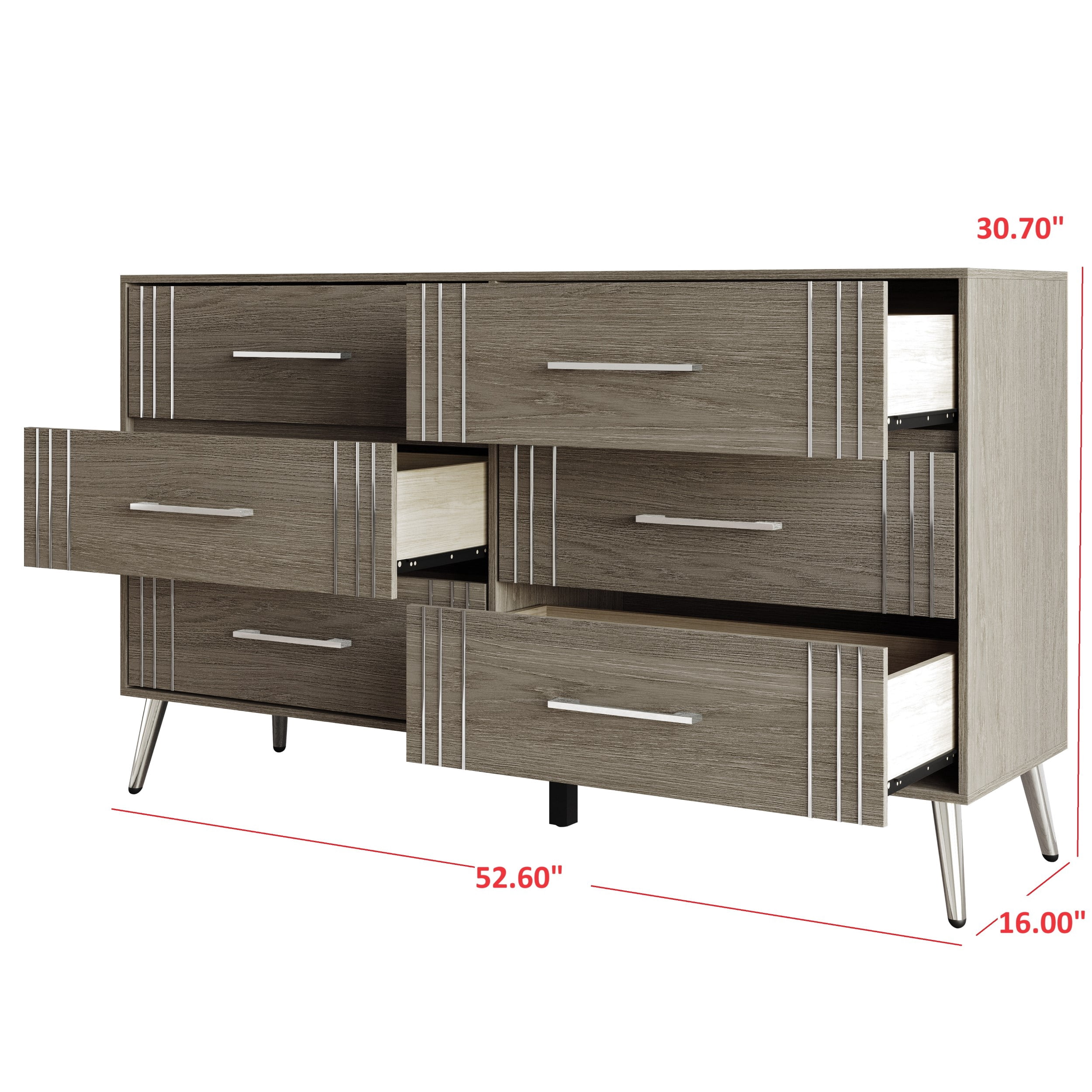 Home Design Ashwin 6-Drawer Dresser with Spacious Storage and Silver-Tone Tapered Legs, Gray, Easy Assembly