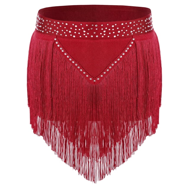Oyolan Jupe à Franges pour Filles Enfants pour Danse de Salon Salsa Rumba Costume de Performance de Scène Bourgogne 16