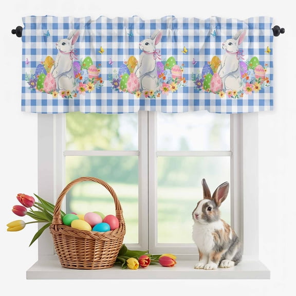 Easter Bunny Valances for Windows, Watercolor Spring Colorful Flower Eggs Blue Plaid Valance Window Treatment Rod Pocket Short Curtains Valances for Kitchen Bathroom 60"W x14"L