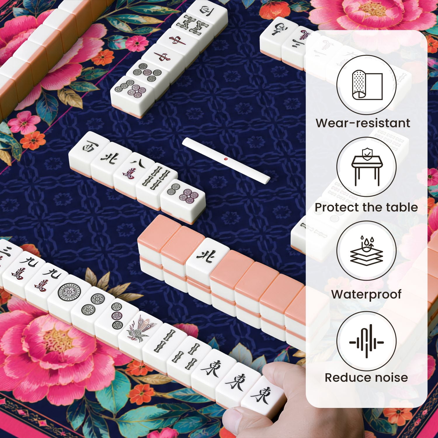 Mahjong Mat 31.5" x 31.5" Floral Vibrant Pink Orange Peonies Dark Blue Non-Slip Noise Reduction Mahjong Tiles Table Cover for Dominoes Poker Card Board and Tile Games