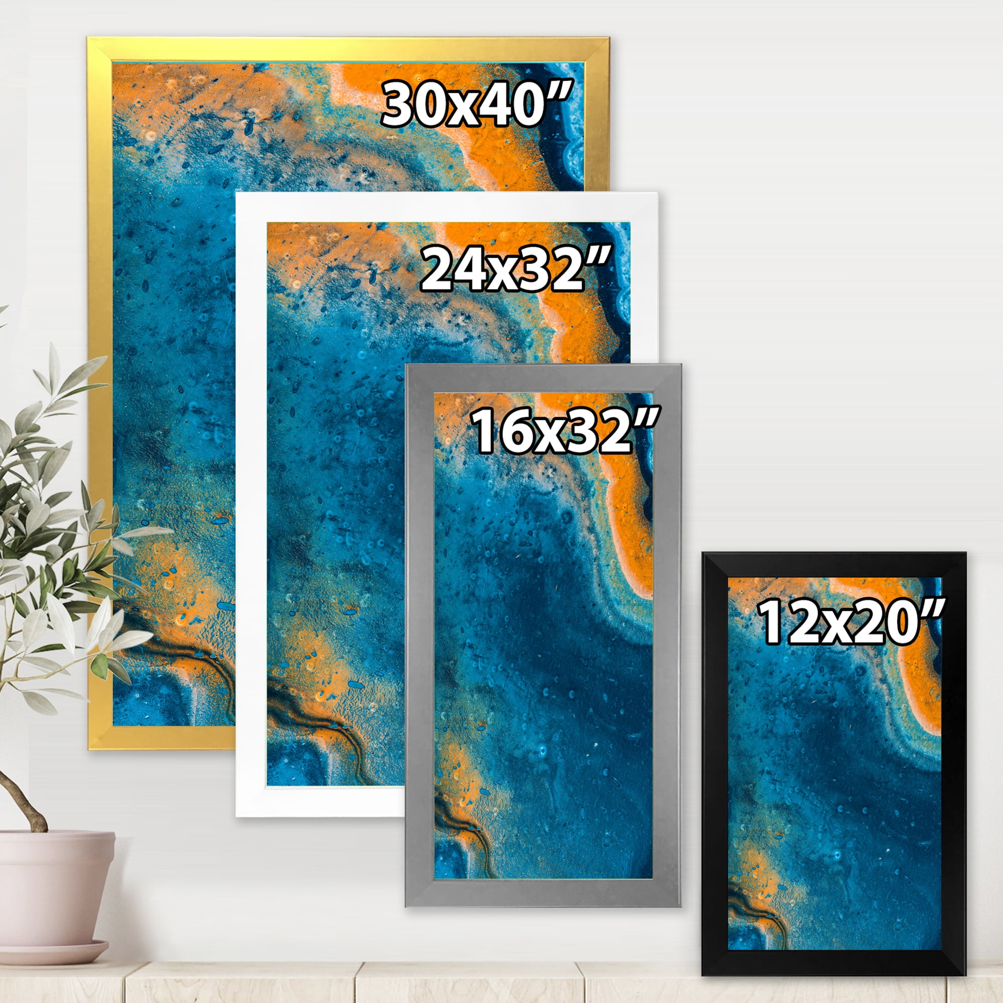 Designart 'Abstract Marble Composition In Orange and Blue V' Modern Framed Art Print