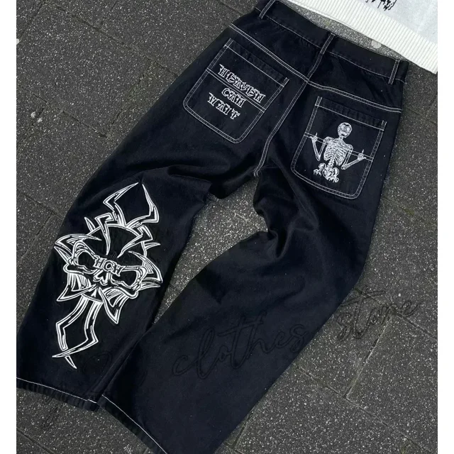 Womens Polyester Printed Oversized Baggy Wide Leg High Waist Full Length Jeans