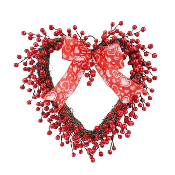Valentine’s Day Artificial Red Berry Heart Wreath 15.74” Heart Shaped Berries Wreath Swag with Grapevines and Red Bow Faux Berry Garland Wreath for Valentine’s Day Wedding Festival Decor
