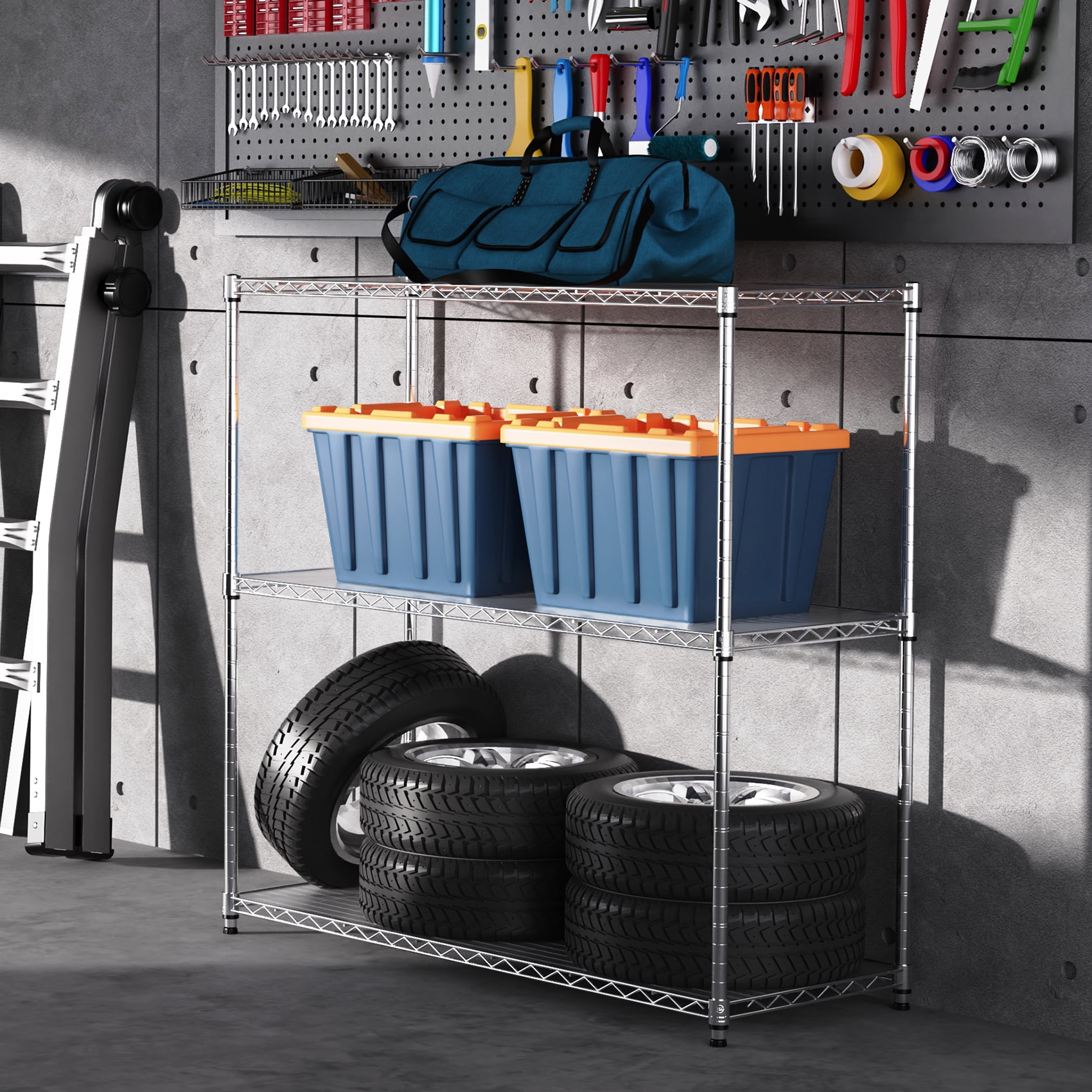 Miniyam 3 Tier Wire Shelving Unit, 1050 LBS NSF Adjustable Metal Garage Storage Shelves, Heavy Duty Storage Wire Rack, Chrome