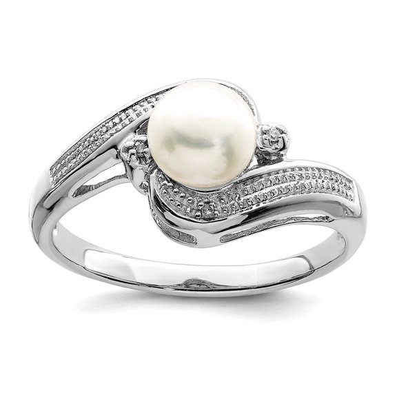 925 Sterling Silver Polished Rhodium Plated Diamond and Freshwater Cultured Pearl Ring Size 8 2mm Wide Ring for Women