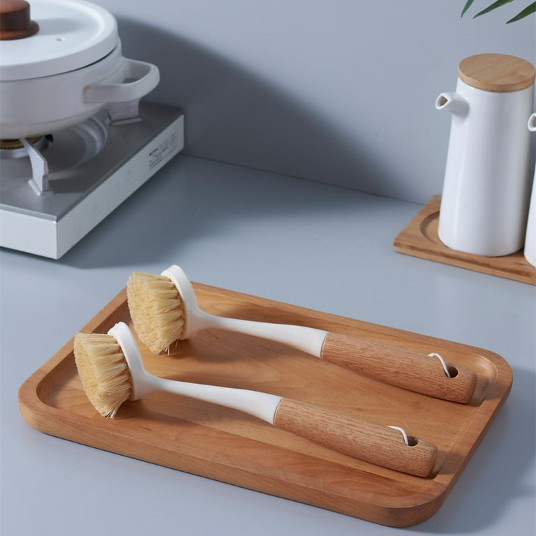 2 Pack Dish Brush With Bamboo Handle Built-in Scraper, Scrubbing