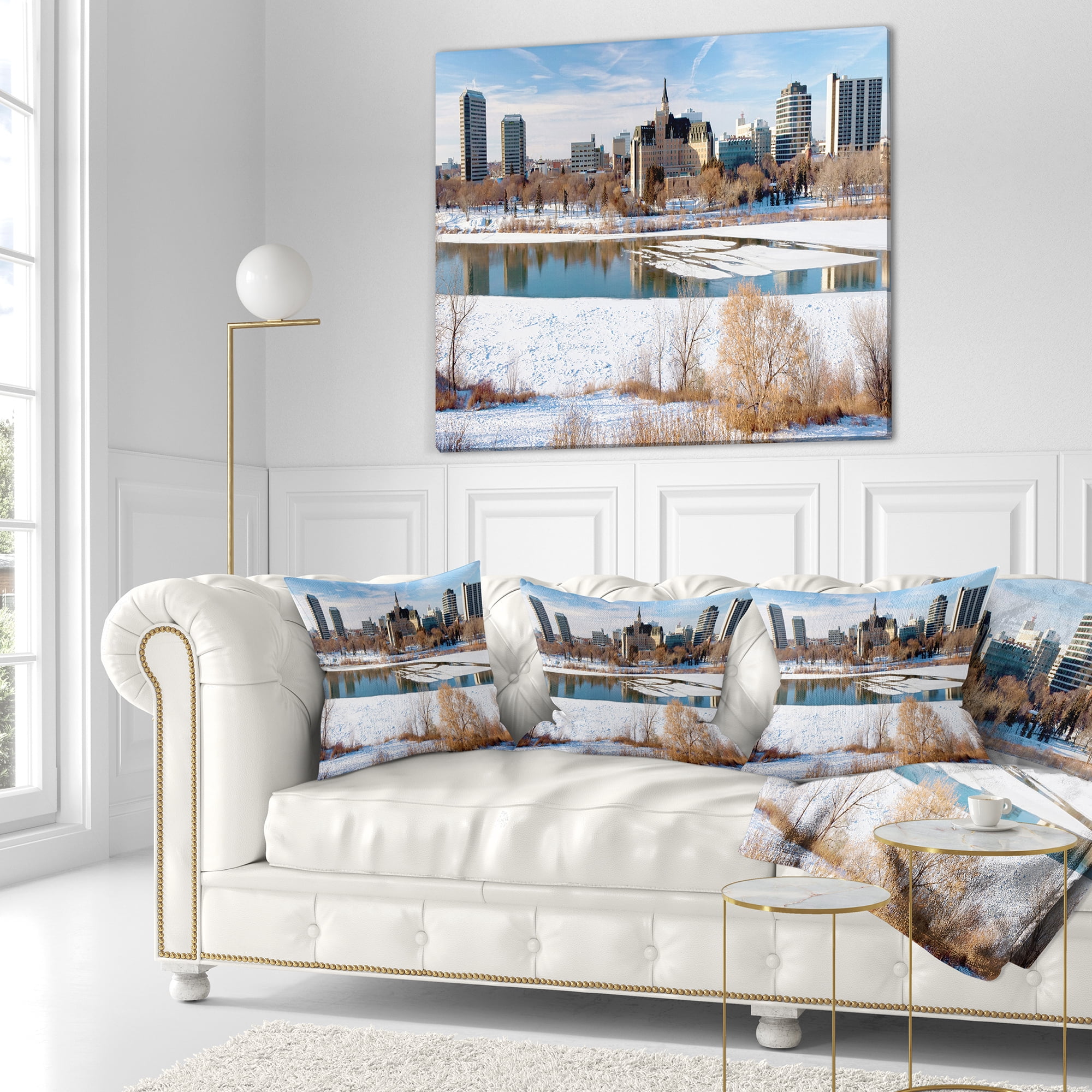 Designart City of Saskatoon Winter Panoramic - Landscape Printed Throw Pillow - 16x16