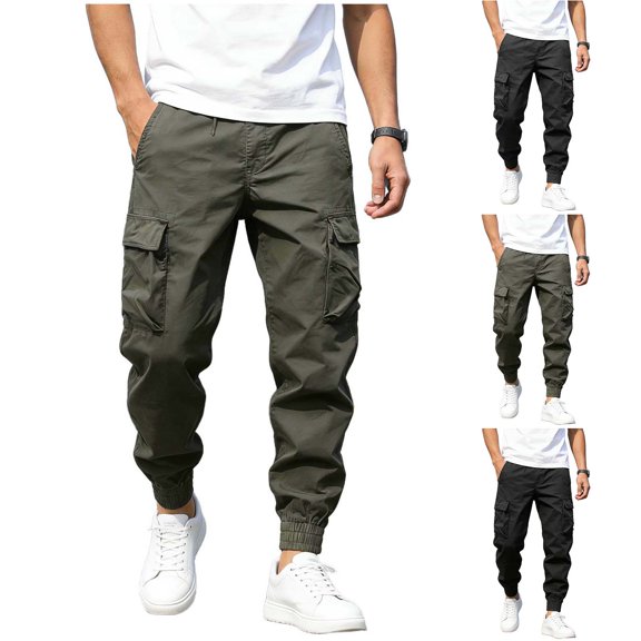 Men's Cargo Pants with Pockets Elastic Waist Casual Loose Fit Lightweight Solid Color Workout Running Gym Joggers