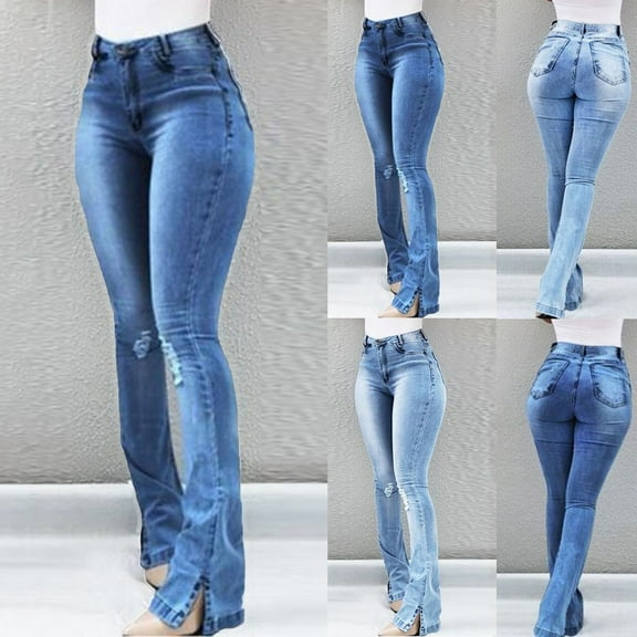 FRSASU Women fashion ripped casual pocket button Mid Waisted wide leg slightly flared jeans Stretchy Slim Casual jeans long pants Sky Blue