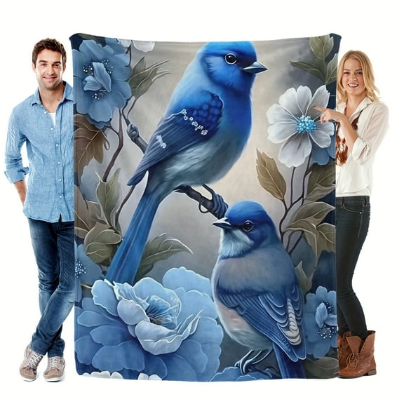 1 Pc Flannel Two Blue Birds Standing On Branches Pattern Throw Blanket Soft Warm Lightweight Machine Washable Suitable For Multiple Occasions