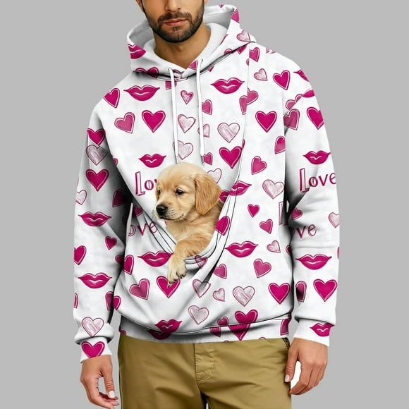 TIMIFIS Valentines Mens Pet Carrier Hoodie Long Sleeve Hooded Sweatshirts Pullover Fall Winter Heart Graphic Casual Comfy Kitten Cat Puppy Holder Kangaroo Pocket Drawstring Top