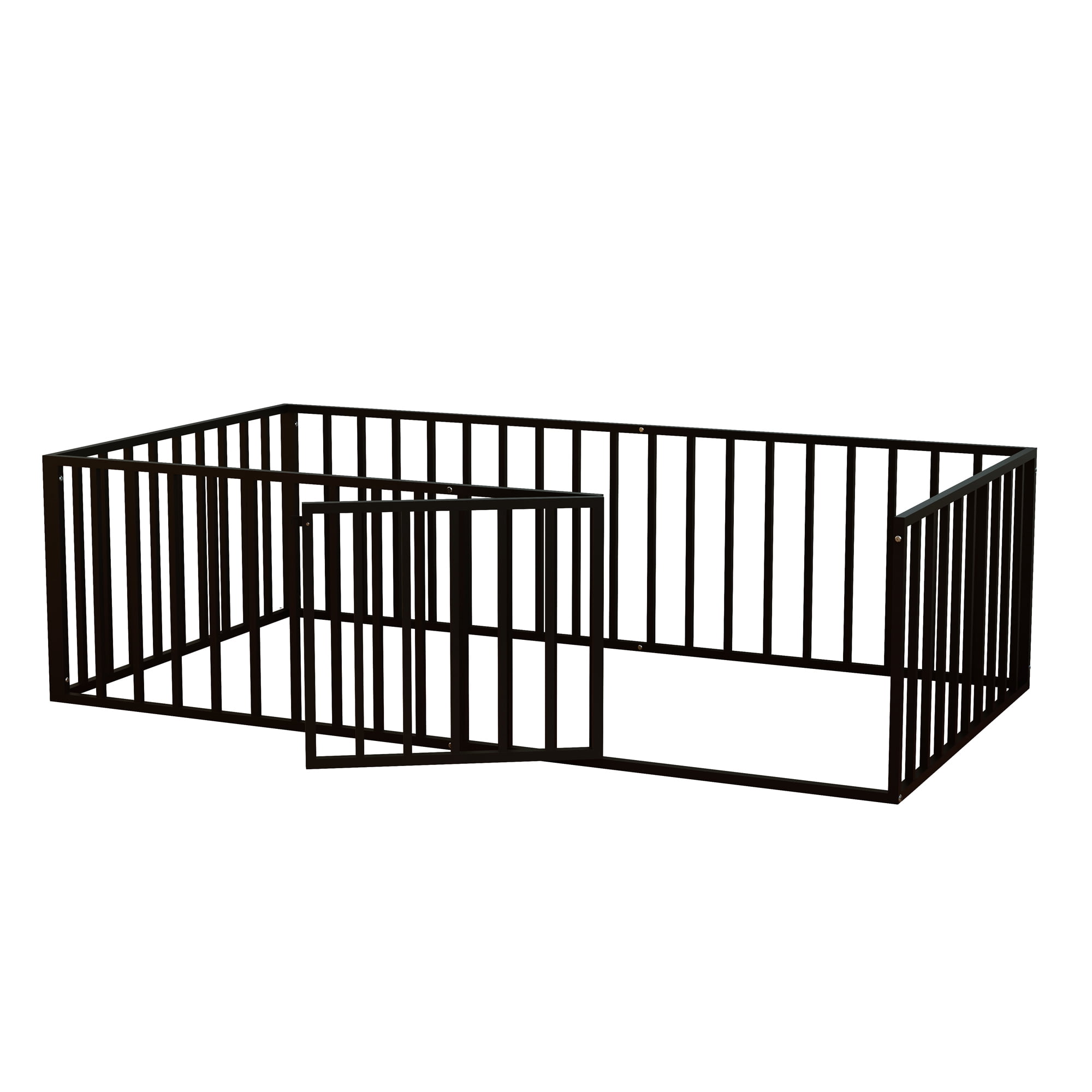 Leumius Twin Size Montessori Floor Bed with Fence & Door, Heavy-Duty Metal Frame with Low-Profile Guardrails, Safe Play-Sleep Zone Black
