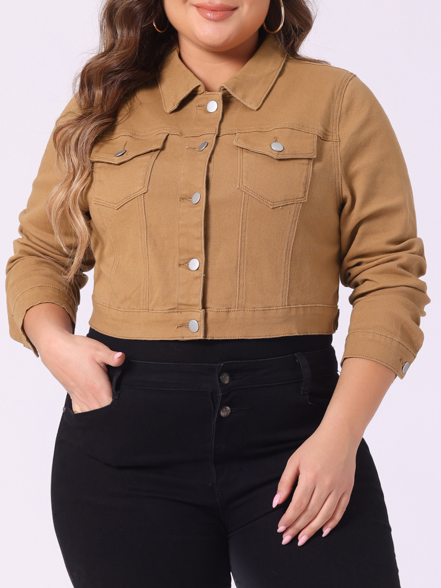 DARING DIVA Women's Plus Button Closed Cropped Denim Jacket 3X Brown