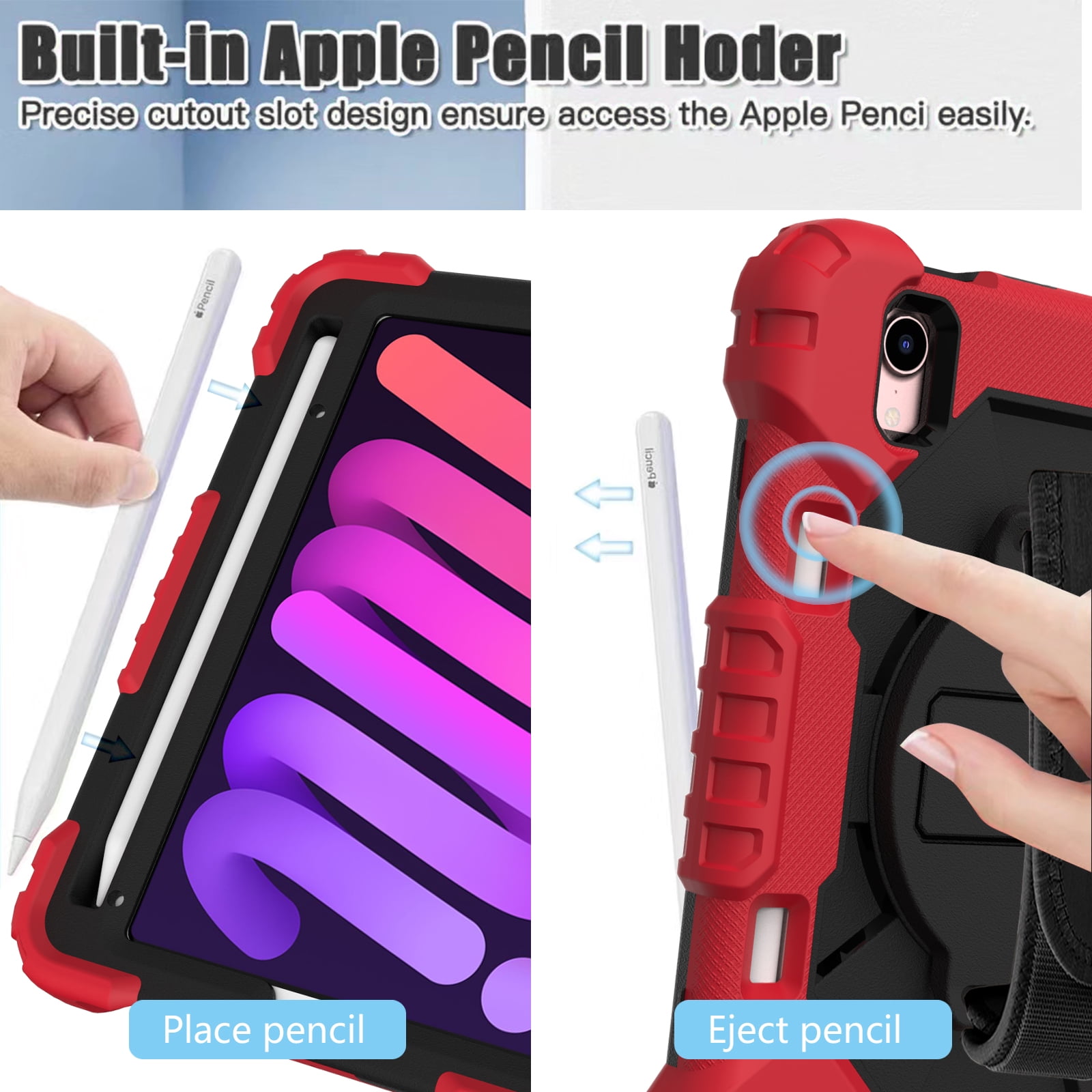 Case for iPad Mini 6 2021 8.3-inch, Kids Shockproof Rugged Hybrid 360 Rotating Stand Cover with Hand Shoulder Strap/Pencil Holder