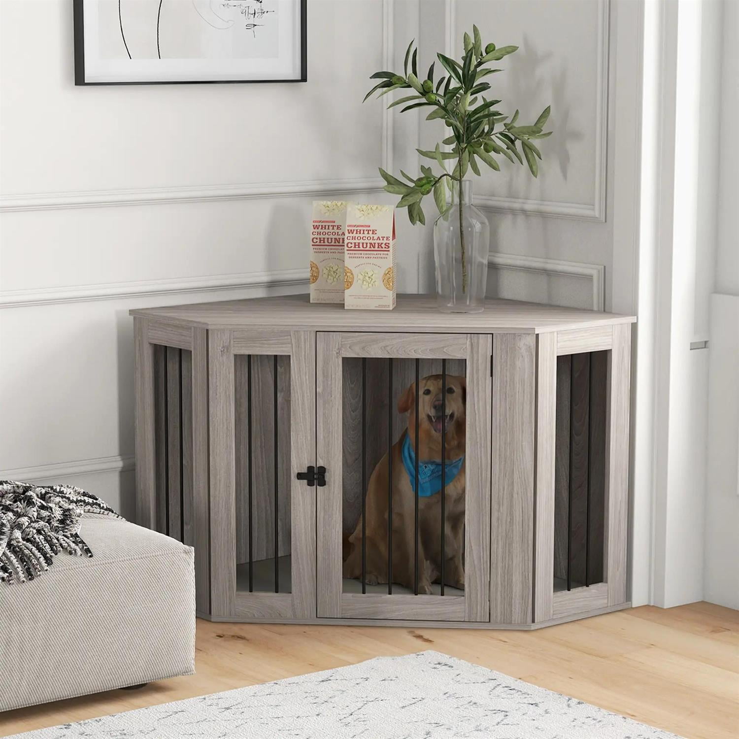 Pefilos 45" Corner Dog Crate Furniture with Cushion, Wooden Kennel Table, Indoor Dog House for Large Dogs, Gray