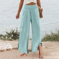 thumbnail image 4 of Mohiass Palazzo Pants for Women Summer Wide Leg Ruffle Hem Pants Flowy Boho Linen Pants Beach 2025 Smocked Waist Trousers with Pockets Cyan M, 4 of 5