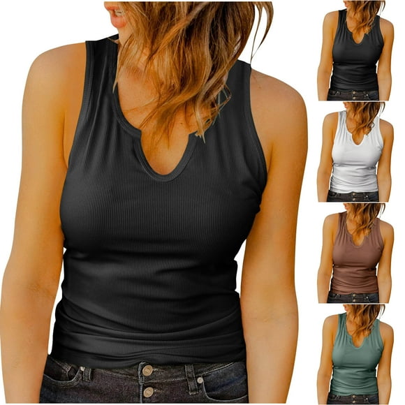 breaise Womens Sleeveless V Neck Ribbed Tank Tops Fitted Basic Cami Tee Shirts 2025 Slim Fit Summer Vest Black,S