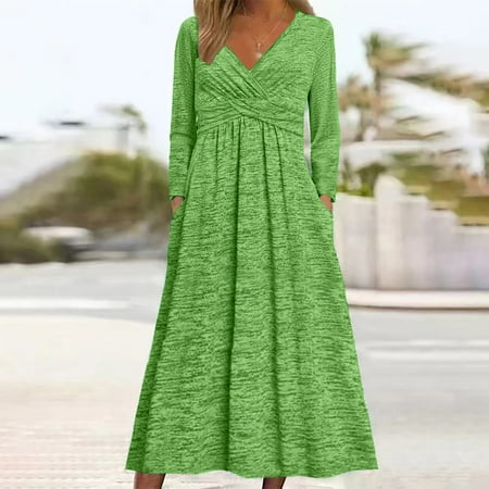Mifsaly Long Sleeve Maxi Dress for Women V-Neck Plus Size Summer Dresses Flowy Beach Vacation Outfits with Pockets 2026 M