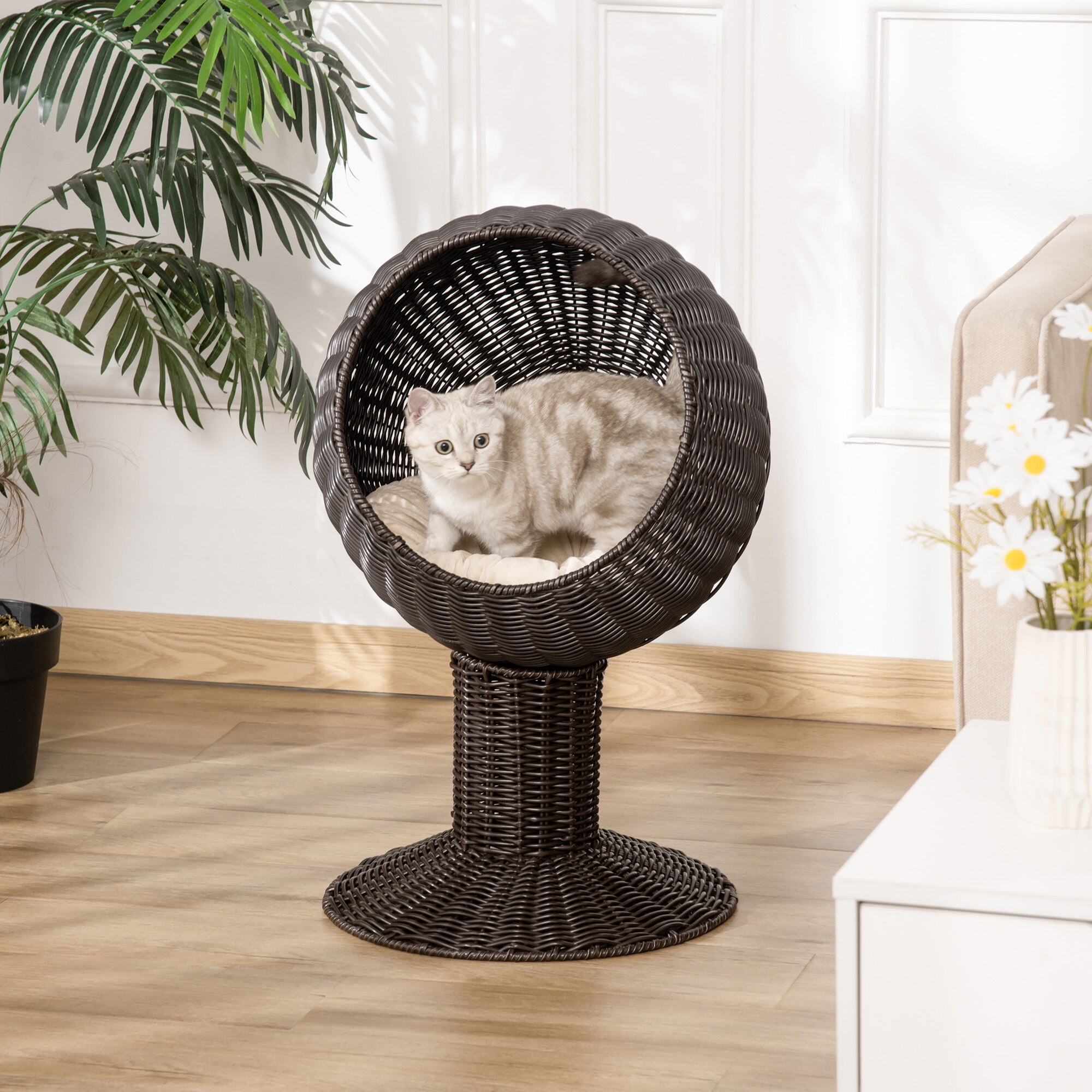Dog Bed 27" Rattan Wicker Elevated Cat House Kitty Scratch House Pet Bed W/ Cushion,Large Dog Bed