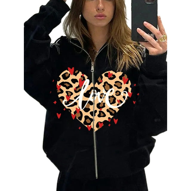 Mialoley Hoodie pour Femmes, Sweat à Capuche à Manches Longues Imprimé Cœur Léopard Veste Décontractée avec Poches