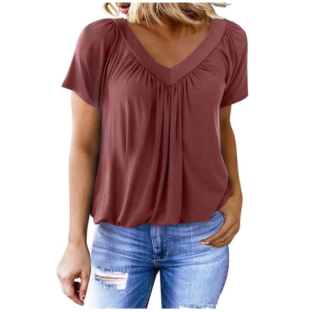 Timegard Tops for Women Ruched V-Neck Short Sleeve Solid Color Comfy Tee Shorts Summer Casual Loose Tops