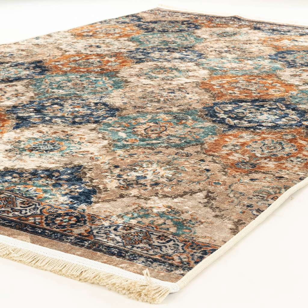 Alfa Rich 4x6 Area Rugs, Ultra-Thin Boho Blue Teal Beige Cream Rug, Non-Slip Machine Washable, Easy Clean, Pet Friendly Rugs