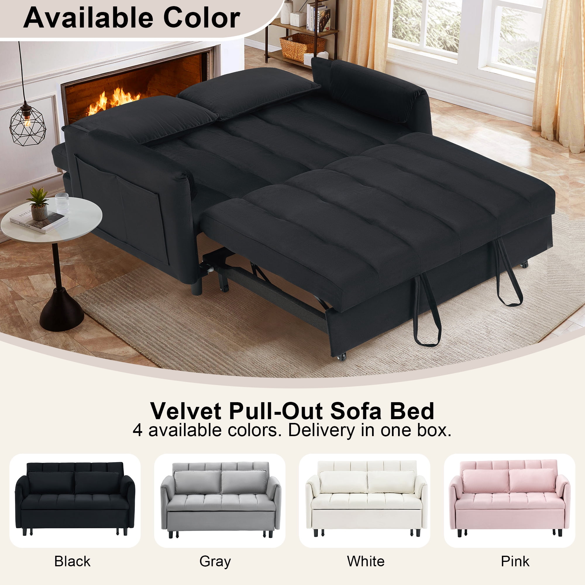 BedLuxury 53" Velvet Convertible Futon Sofa Bed, 3-in-1 Loveseat Sleeper Sofa with Pull Out Bed & Adjustable Backrest for Living Room or Office, Black