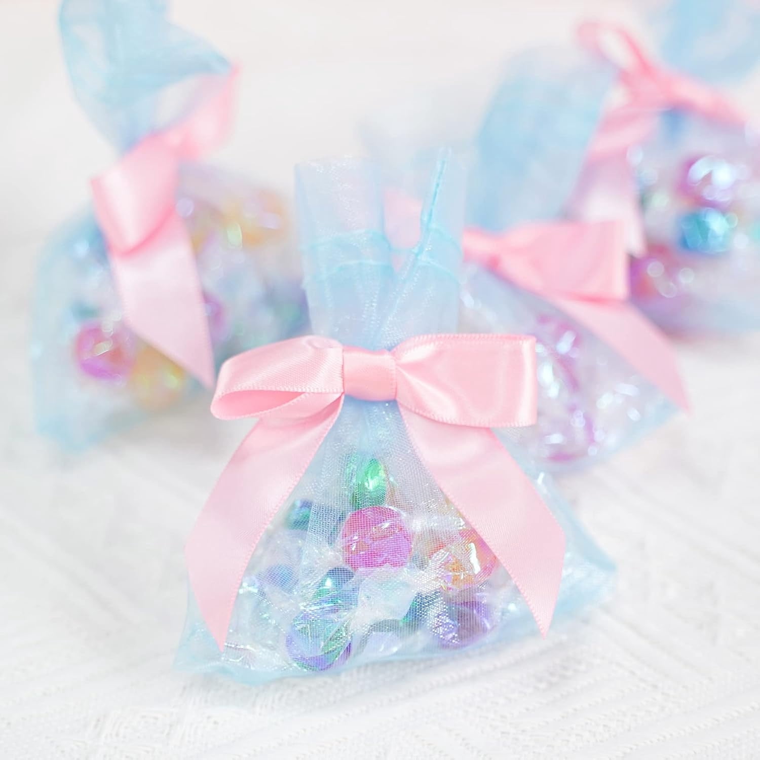 300 Pcs Christmas Satin Ribbon Bows for Treat Bags,Mini Satin Ribbon Twist Tie Bows,Pre-Tied Multicolor Twist Tie Bows for Christmas,Premade Bows for Gift Wrap Baby Shower Wedding Decor Party Favors