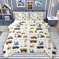 Homewish Construction Vehicle Excavator Bedding Comforter Set,Crane Bulldozer Truck Twin Comforter Sets,White Blue Yellow Bedding Set For Teens Kid,Luxury Bedroom Decor,2pcs
