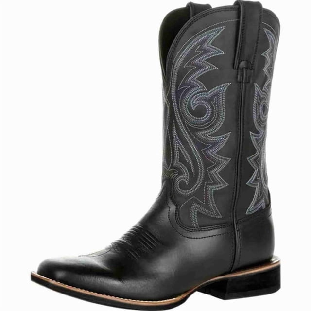 Men's Western Cowboy Boots, Square Toe Embroidered Mid-Calf Pull-On Boots, Durable Casual Riding Work Boots, Black/Brown Options