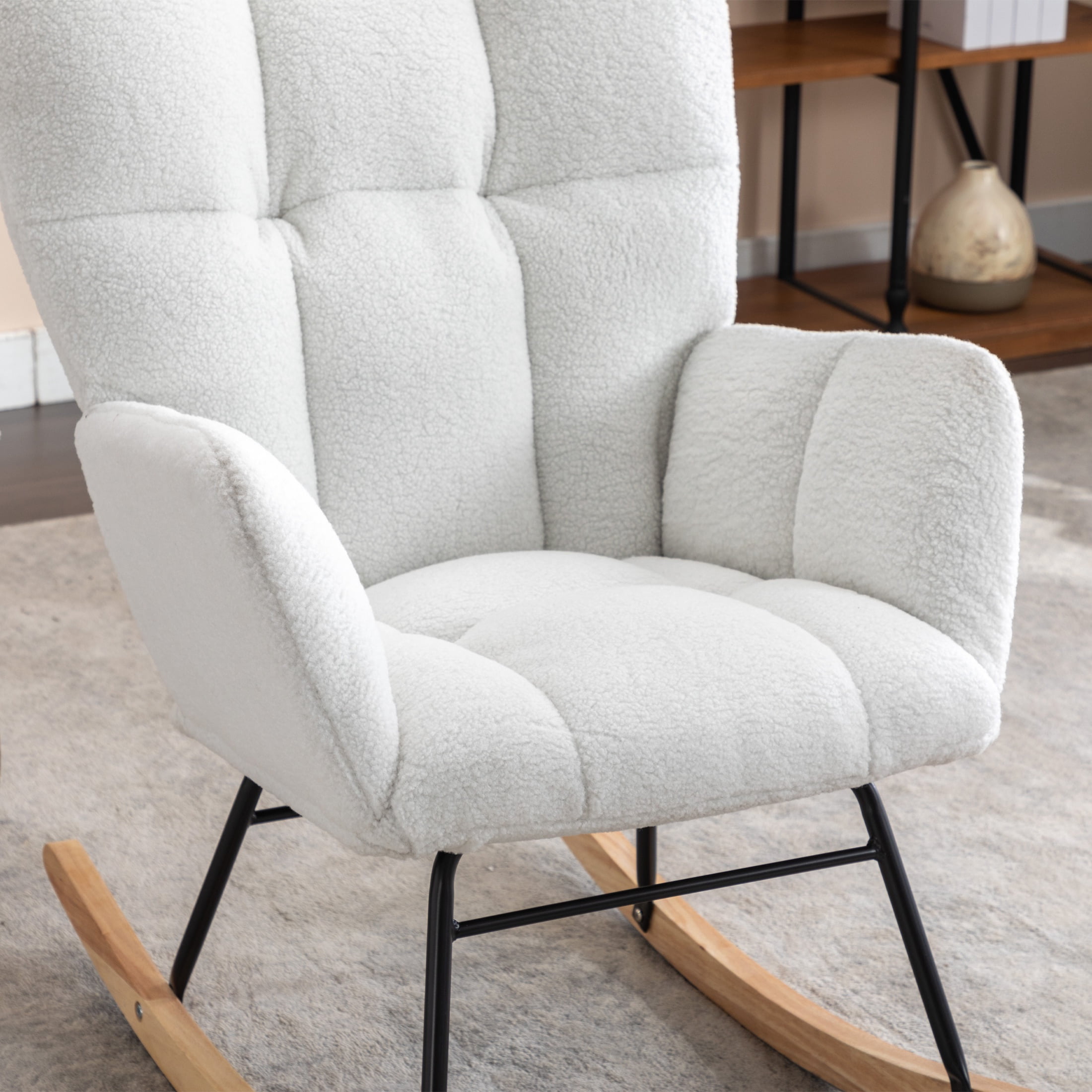PORKISS Modern Rocking Chair, Upholstered Teddy Fabric Accent Chairs with High Backrest, Glider Rocker Comfortable Armchair with Padded Seat for Living Room Bedroom Playroom, Ivory