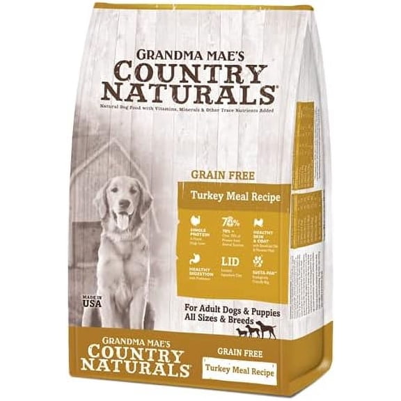 Country Naturals Grandma Mae's Grain Free Single Protein Turkey & Turkey Meal Recipe Dry Dog Food, 4 Pound Bag