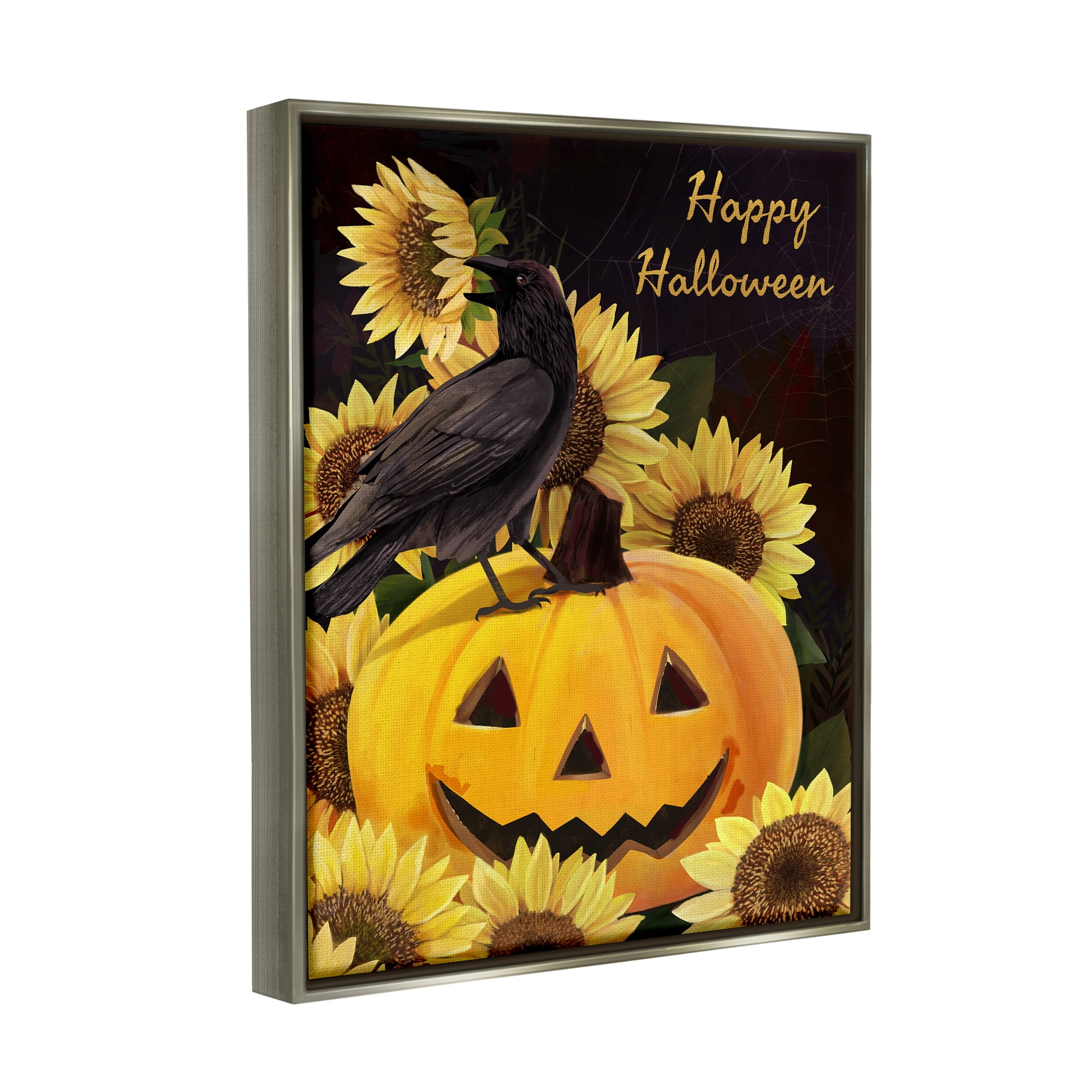Stupell Industries Crow on Jack-o-Lantern Holiday Painting Gray Floater Framed Art Print Wall Art, 17 x 21