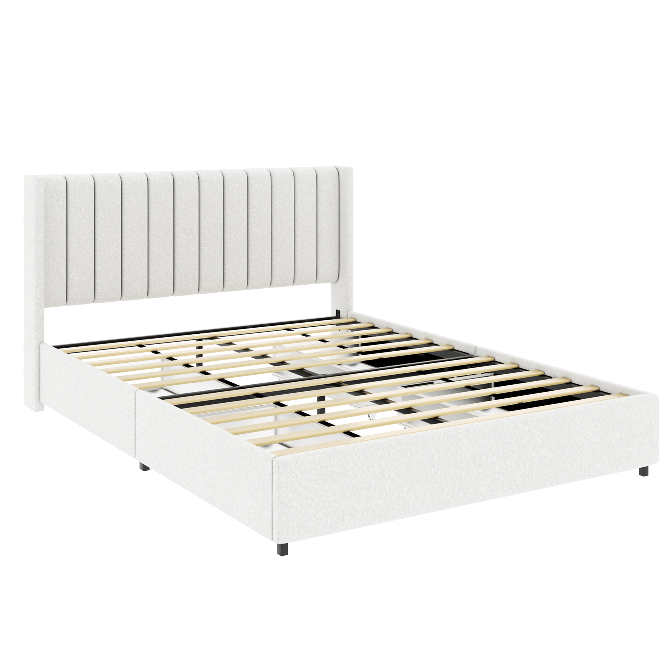 JERFIT Ivory Queen Size Upholstered Storage Bed Frame with 4 Large Drawers, Wingback Headboard Wood Slat Support, No Box Spring Needed