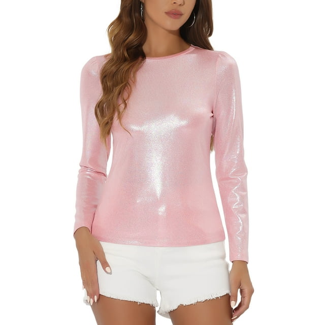 INSPIRAR CHIC Blusa de Mujer de Manga Larga Brillante con Purpurina Metálica XS Rosa