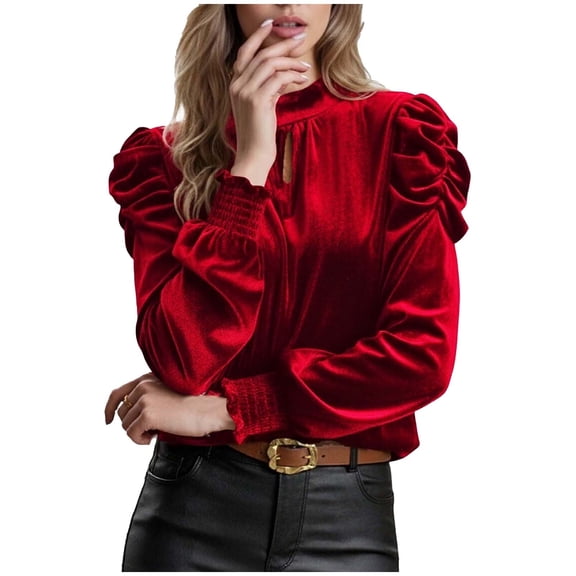 XPMWRP Womens Mock Neck Puff Long Sleeve Velvet Pullover Tops Fall Solid Trendy Dressy Casual Elegant Shirts Blouse Red XL